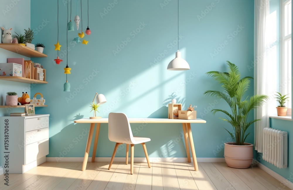Obraz premium Modern childs room interior, light blue walls, wooden desk and floor. Furniture includes chair, shelves with toys and books. Window light casts shadows on wall.