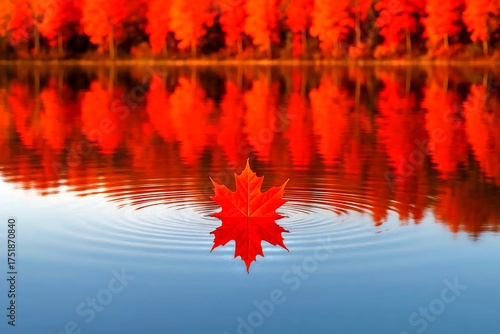Close-up shot of a calm lake surface reflecting the brilliant red and orange of the shoreline trees.
