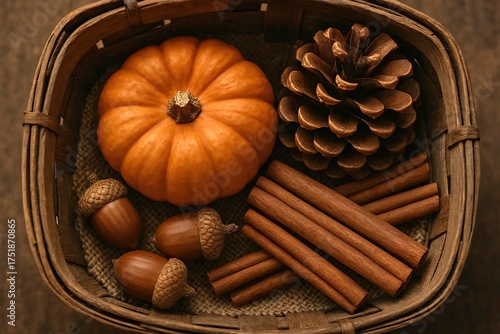 Macro shot of a rustic wooden basket filled with a harvest collection.