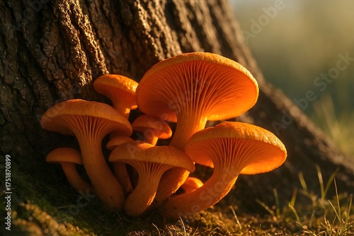 Macro photograph of a mushroom cluster at the base of a tree their caps a rich caramel color with delicate gills underneath.