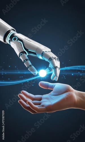Robot hand touching human hand with energy ball future technology concept design artwork