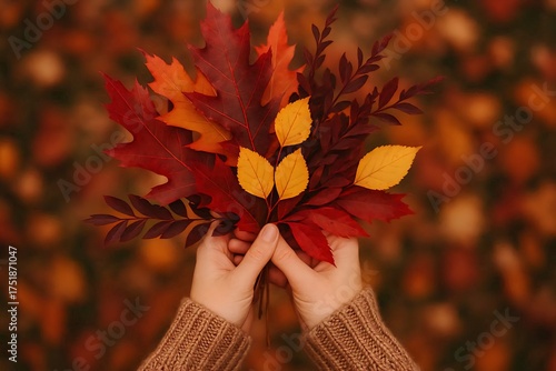 A woman hands cradling a vibrant bouquet of autumn red oak leaves yellow birch and burgundy branches.