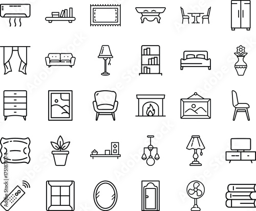 Collection of line art icons representing home furniture and decor