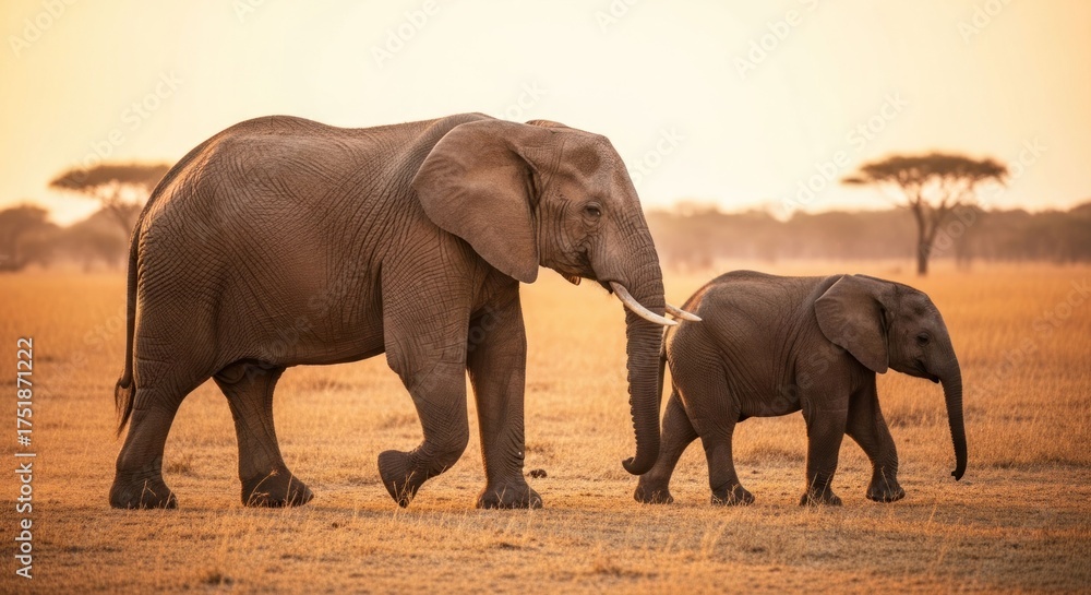 Fototapeta premium Two elephants, mother and calf, walk across a golden savanna at sunrise
