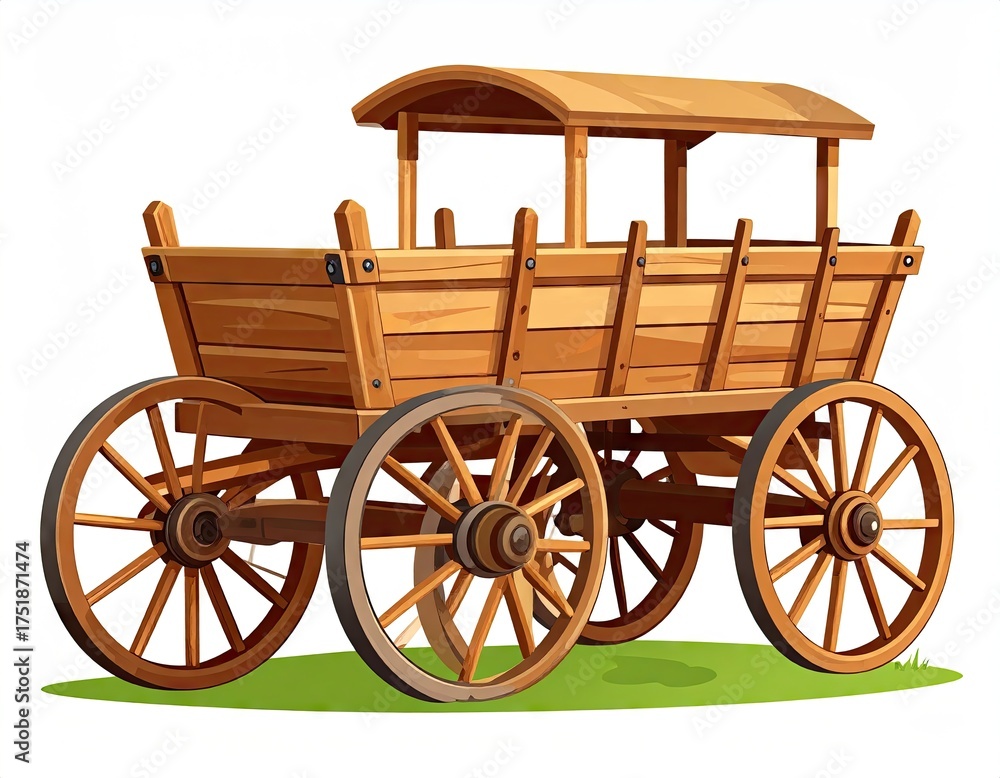 Fototapeta premium Detailed Wooden Wagon Illustration with Four Spoked Wheels and Canopy on Green Grass Patch Isolated on White Background