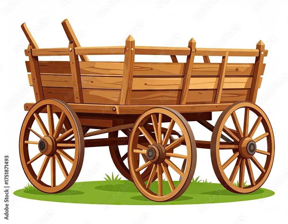 Fototapeta premium Detailed Wooden Wagon with Four Wheels on Green Grass Isolated on White Background