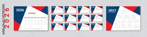  Desk Calendar 2026 planner corporate template design set of 12 months. template for annual calendar 2026.	
