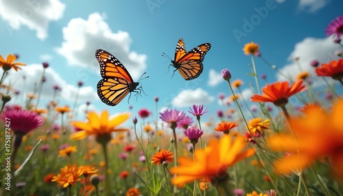 Two monarch butterflies fly over colorful wildflower meadow on a clear sunny day. Insects pollinate flowers in natural ecosystem. Blue sky and clouds above.