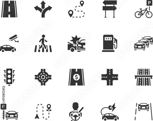 Vector set of road flat icons. Contains icons crosswalk, traffic light, accident, intersection, roundabout, driver, highway, parking, traffic jam and more. Pixel perfect.