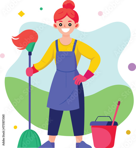 Girl and woman happily cleaning with mop and bucket at home cartoon