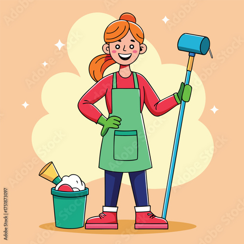 Cartoon illustration of a smiling woman with a mop and bucket cleaning the floor at home