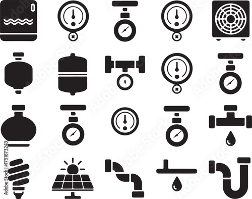 Set of Plumbing, Pressure Gauges, and Water System Icons Vector Design