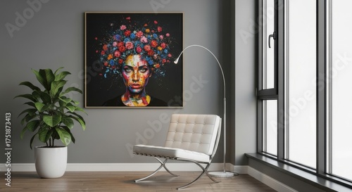 Modern living room interior with a colorful floral portrait featuring a white chair plant and large window creating a stylish home decor concept