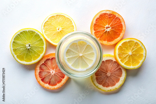 Citrus Delight: A vibrant array of fresh citrus fruits, each sliced to reveal its juicy interior, surround a glass of citrus juice, creating a refreshing and visually appealing composition.