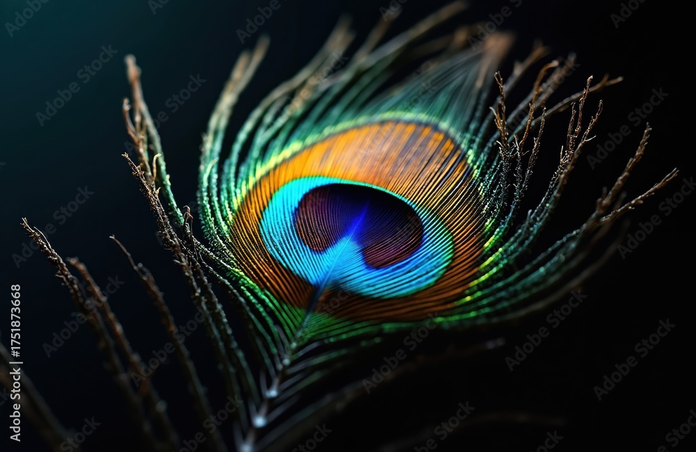Obraz premium Close up of a peacock feather eye in darkness. Vibrant blue green and gold iridescent colors shine brightly against black background. Intricate pattern detail visible on this exotic bird quill.