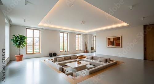 Modern sunken living room with a unique design featuring a square sofa and minimalist decor ideal for architectural visualization and interior design projects
