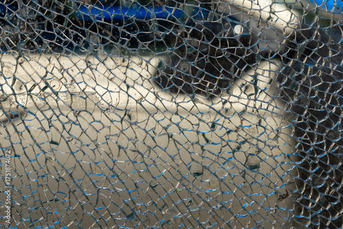 Intricate patterns of shattered glass reflecting a hidden world in a vibrant urban setting
