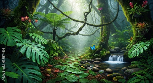 Lush tropical rainforest with vibrant green foliage a serene stream and a sense of natural wonder perfect for travel and nature themes