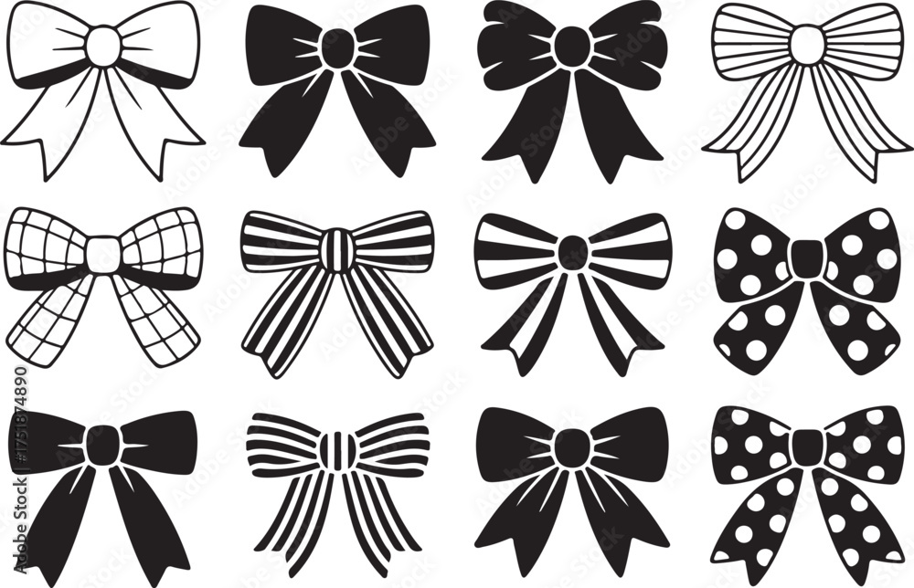 Obraz premium Charming Bow Designs Collection: Various Ribbon Bows with Patterns for Creative Projects
