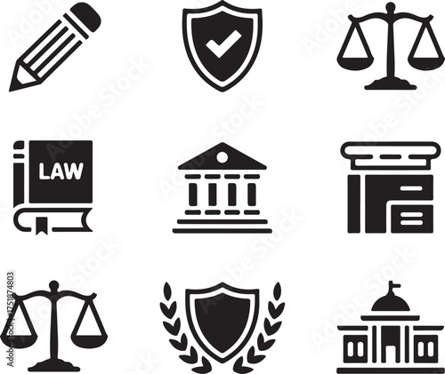 Law and Justice Icon Collection: Scales, Legal Documents, Shield, Court, and Law Symbols for Legal Services