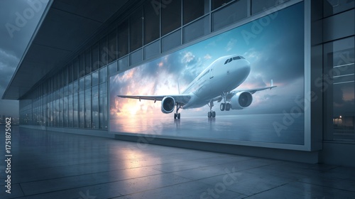 Commercial airplane appearing on large digital advertising billboard