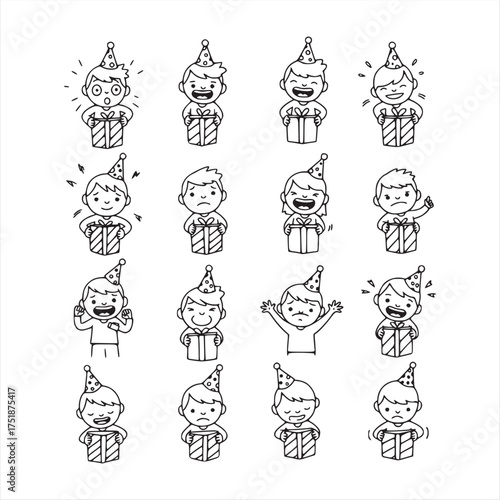 Set of Hand-Drawn Doodle Illustrations Depicting Various Children's Emotional Reactions to Gifts
