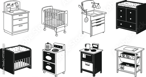 Black silhouette vector illustration of baby crib, dresser, toy storage shelf, kitchen playset, nursery changing table, children furniture, white background