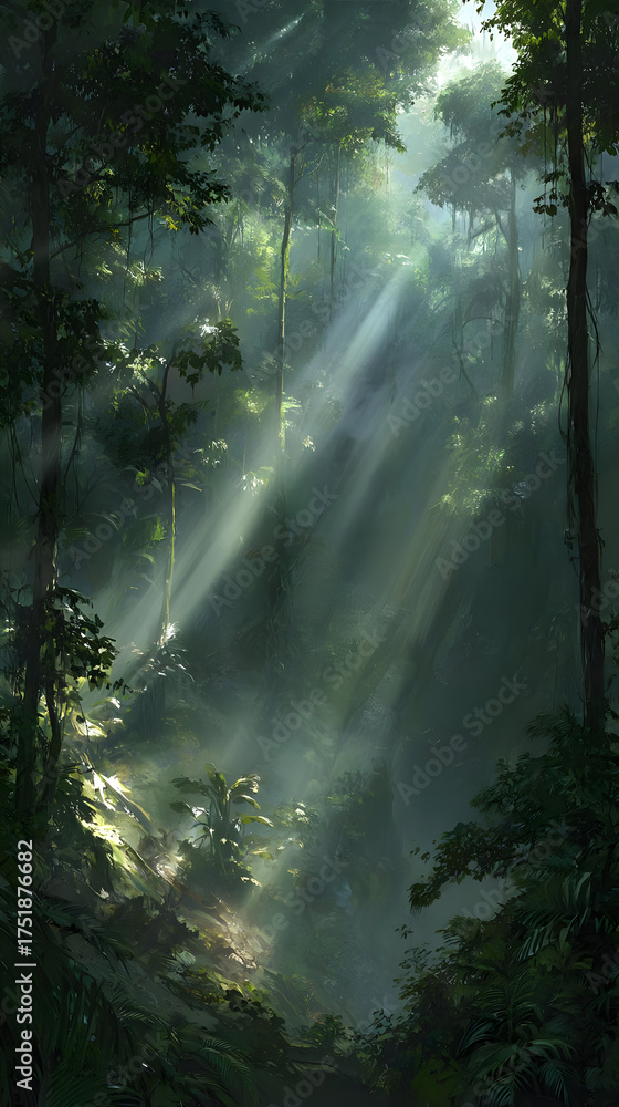 Obraz premium canopy with sunlight rays filtering through leaves creating magical atmosphere