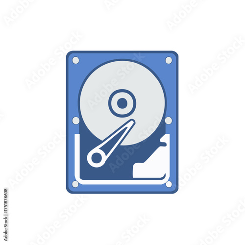 Blue computer hard drive with spinning platter and read write arm