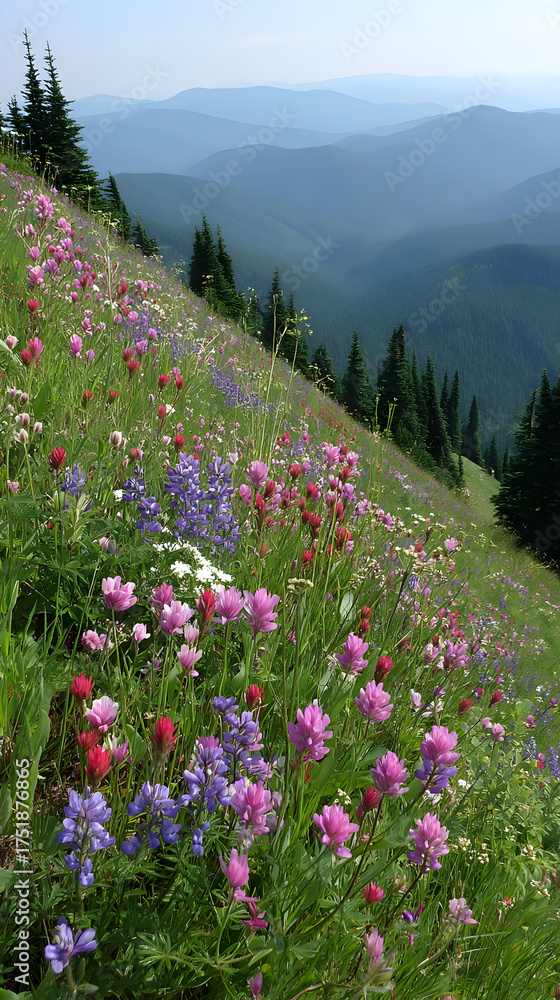 Obraz premium filled with wildflowers and mountains in distance under bright clear sky