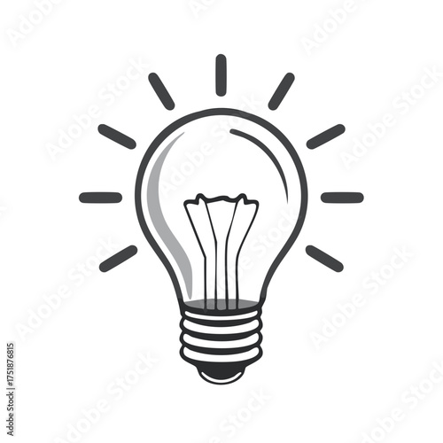 Glowing Light Bulb Idea Icon with Radiating Rays in Black and White for Ideas or Solutions
