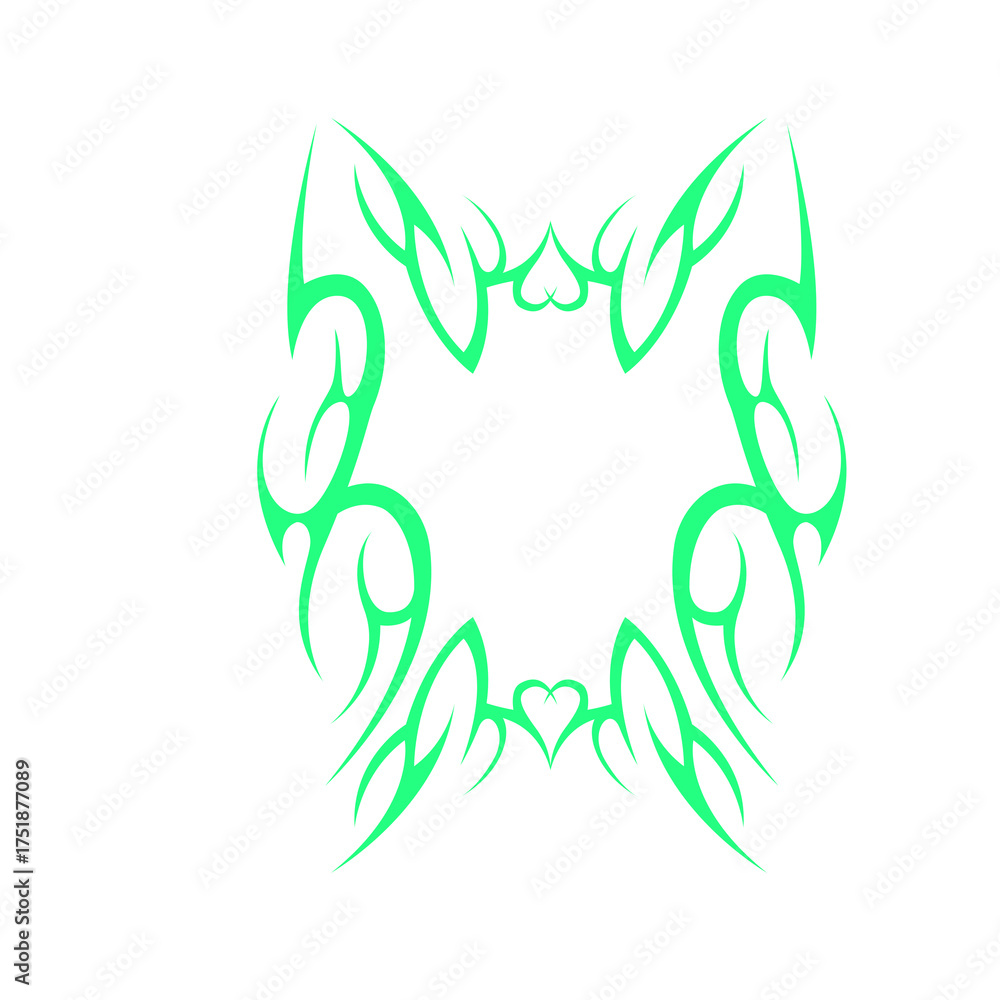 Obraz premium Vibrant Green Tribal Flame Tattoo Design With Heart Accents On White Background Neon Glow Tribal Swirls Decorative Element With Transparent Background