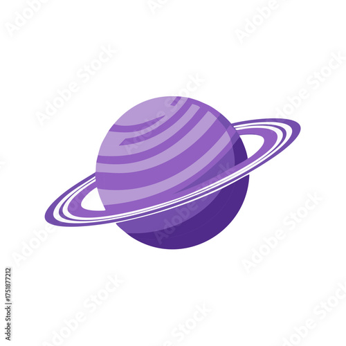 Simple Illustration of Purple Striped Planet with Bright Rings Rotating