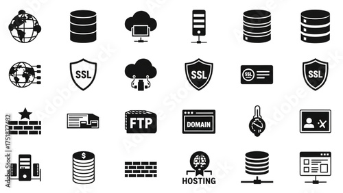 Digital data protection and networking infrastructure vector icons secure cloud, server, and firewall concepts