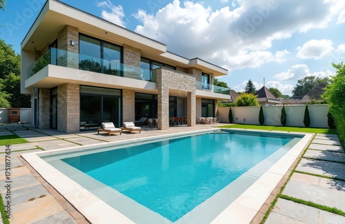 Wallpaper Mural Modern luxury home with a swimming pool. Exterior photo of a large house with pool at the backyard. Sunny day with blue sky and nice weather. Architecture building. Torontodigital.ca
