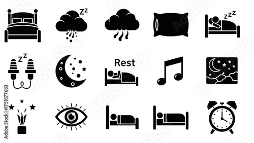 Collection of icons related to sleep, dreams, and rest, including beds and alarm clocks