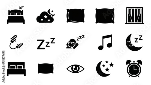 A collection of solid black glyph icons representing sleep, night, and bedtime concepts