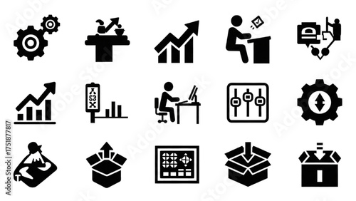 A versatile set of solid glyph icons for business growth, data analysis, and office workflow concepts