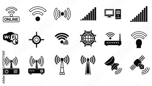 Comprehensive collection of diverse wireless communication and network signal icons representing technology and connectivity needs