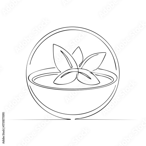 Minimalist continuous one line drawing of a bowl of soup with a leaf garnish