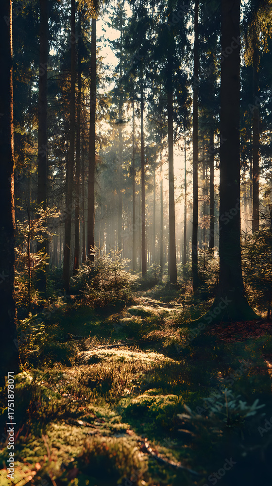 Fototapeta premium breaking through forest fog creating peaceful glowing atmosphere