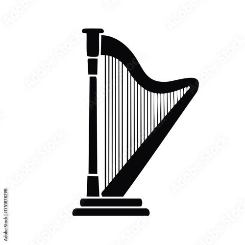 Elegant black silhouette of a harp instrument, musical art