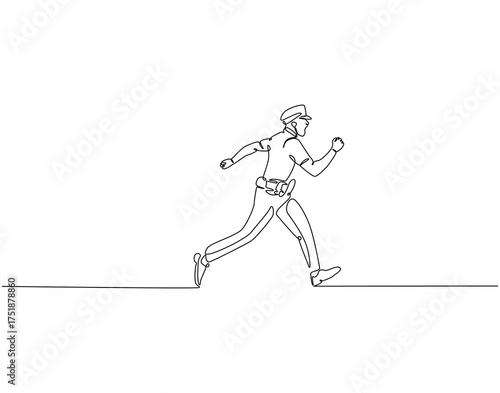 Continuous line drawing of police man. Single line illustration of police officer running. Police profession concept. Editable outline