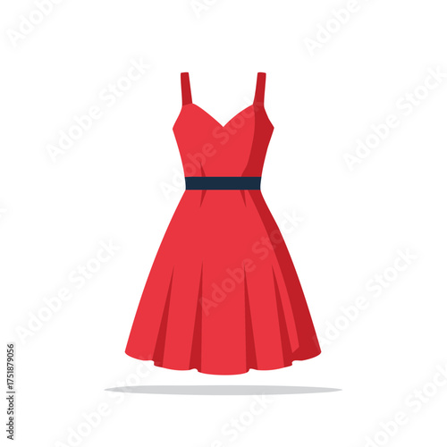 Elegant red dress with dark blue belt for fashion and lifestyle illustration and apparel design project