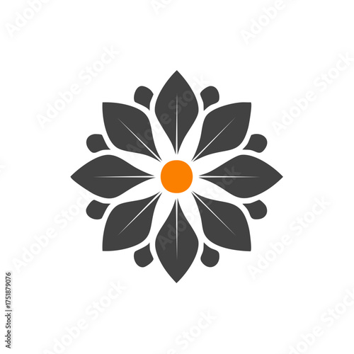 Abstract geometric flower mandala icon with gray petals and an orange center