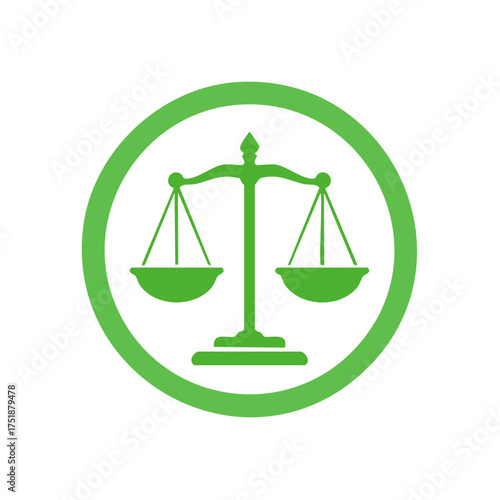 Green balance scales icon within a circular frame representing justice law and fairness