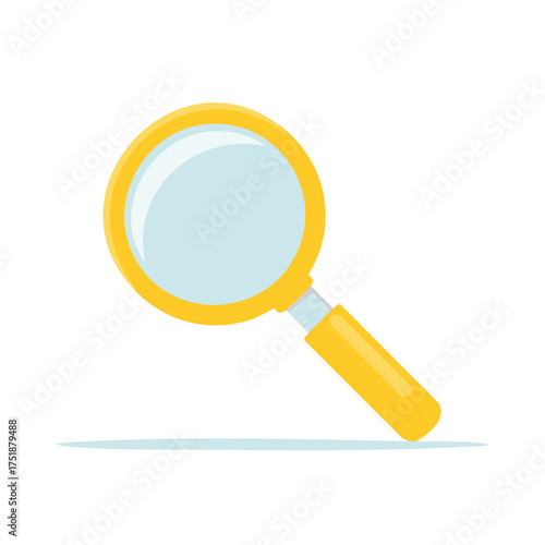 Cartoon style magnifying glass with a yellow frame and handle for searching and examining