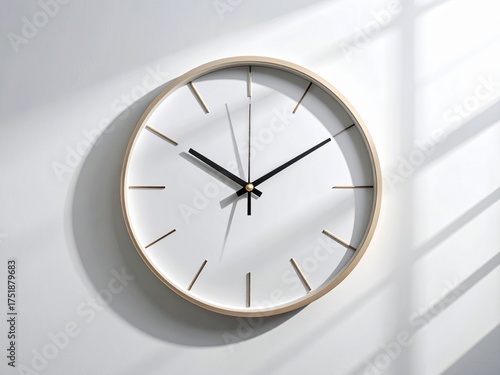 A clean minimalist design featuring a modern round clock on a white background, symbolizing time management, productivity, and simplicity. 