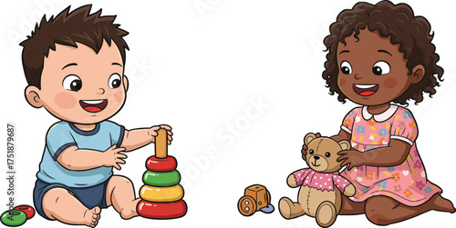 Cartoon children playing with toys, stacking rings, teddy bear, indoor fun, early learning, colorful outfits, cheerful scene, childhood development