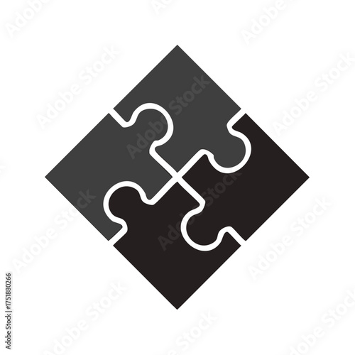 Four interconnected puzzle pieces forming a diamond shape with dark and light gray sections representing teamwork